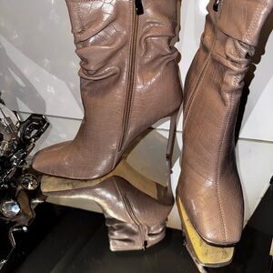 Croc-Embossed Taupe Platform Heeled Boots